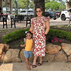 Cotton patterned dress with hand stitching, size 14, missing belt